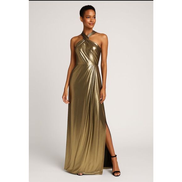 Parker Dresses & Skirts - Parker Black Gold Metallic Halter Maxi Gown Asymmetrical Formal Dress 6